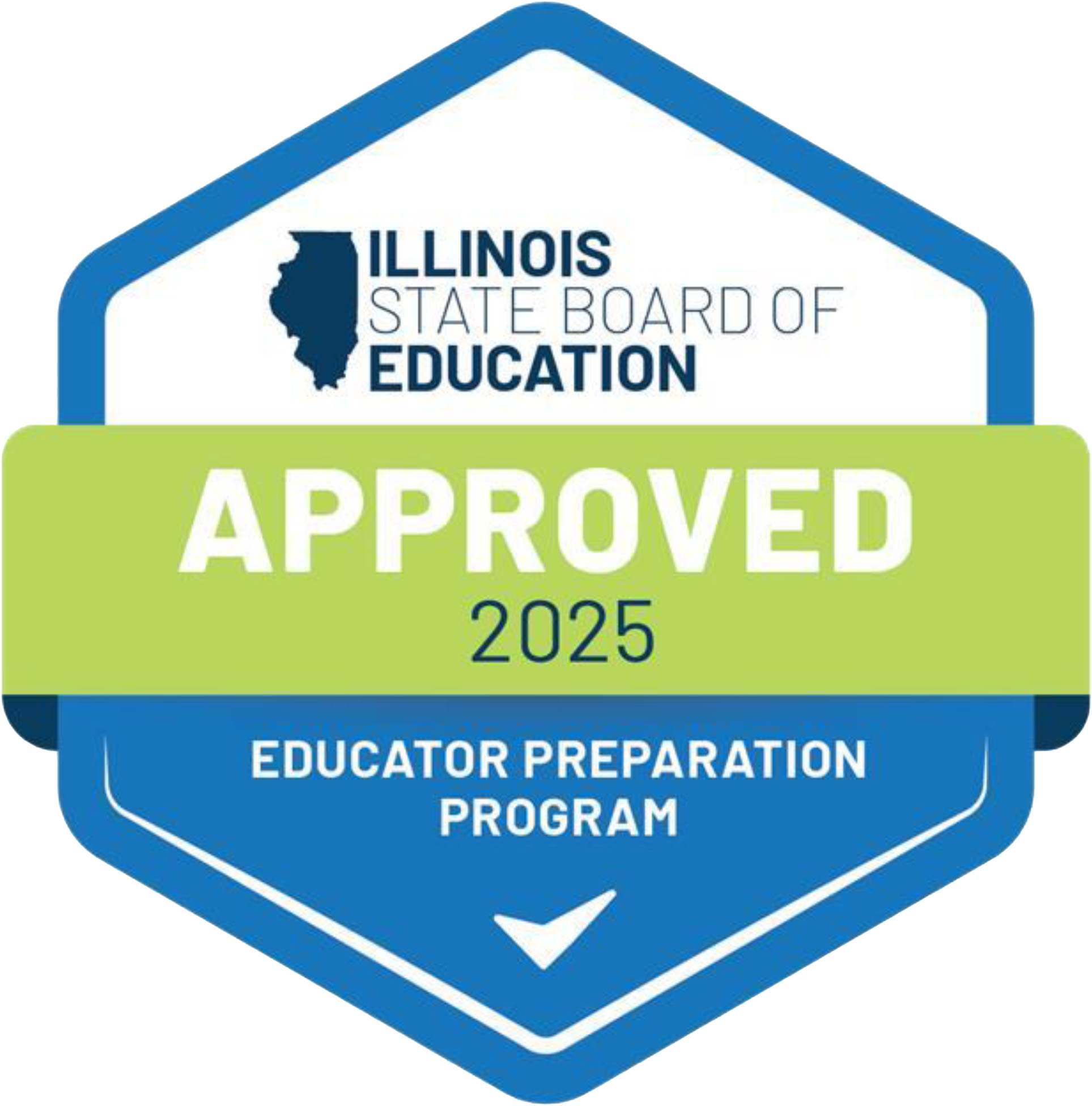 Illinois State Board of Education (ISBE) logo certifying that the teacher licensure program is approved by the state. 
